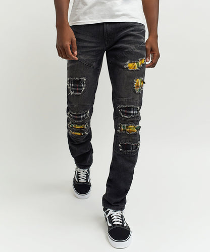 Terrance Flannel Patched Grey Wash Denim Jeans