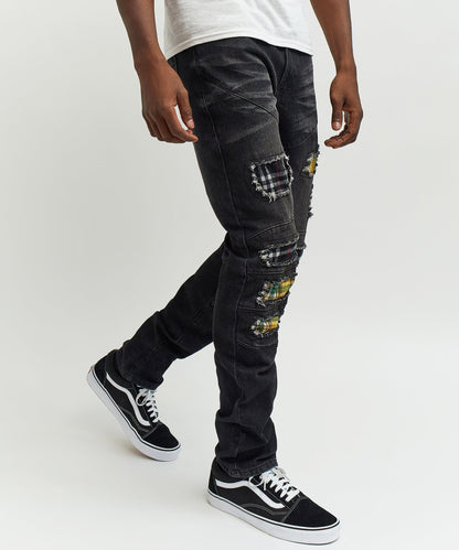 Terrance Flannel Patched Grey Wash Denim Jeans