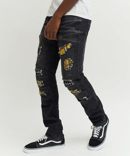 Terrance Flannel Patched Grey Wash Denim Jeans