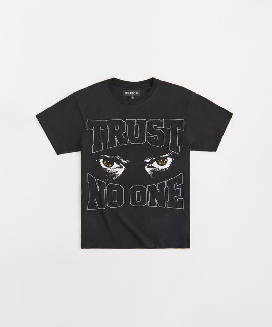 Trust No One Chenille Patched Short Sleeve Tee - Black