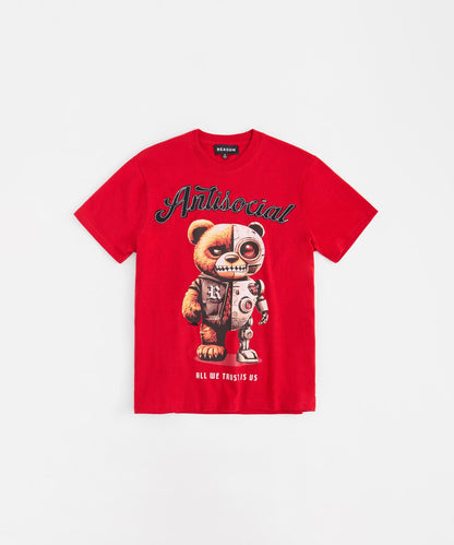 Antisocial Bear Chenille Patched Short Sleeve Tee - Red