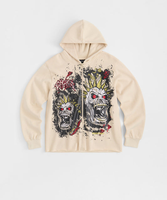 Beware Embroidered Skull Hoodie - Khaki