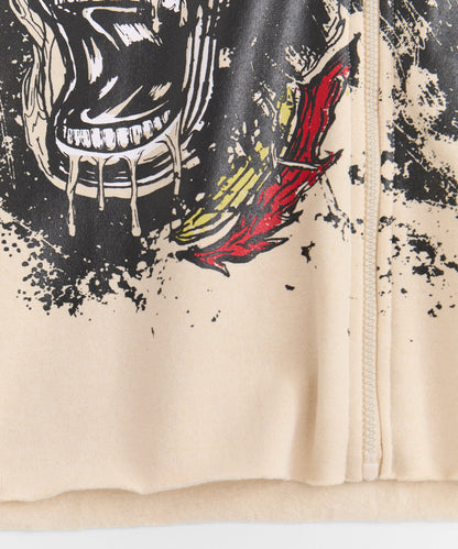 Beware Embroidered Skull Hoodie - Khaki