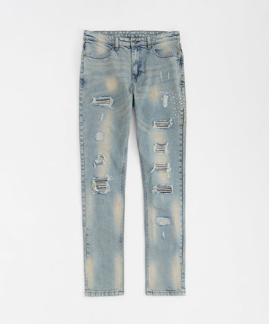 Rhinestone Washed Denim Jeans - Dark Blue