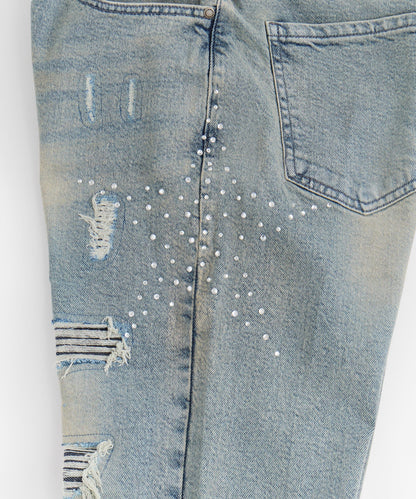 Rhinestone Washed Denim Jeans - Dark Blue