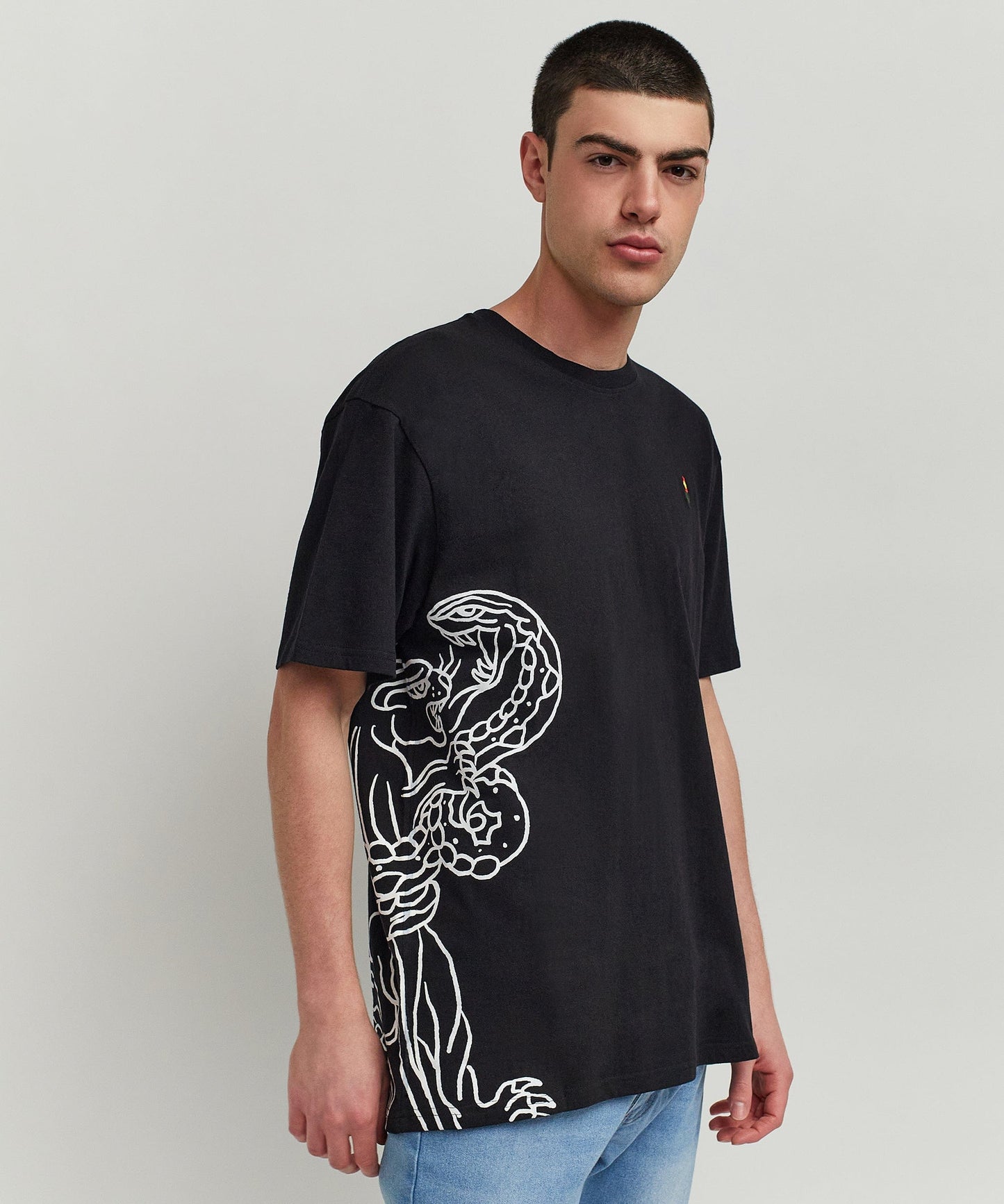 Panter Short Sleeve Graphic Print Embroidered Detail Tee - Black