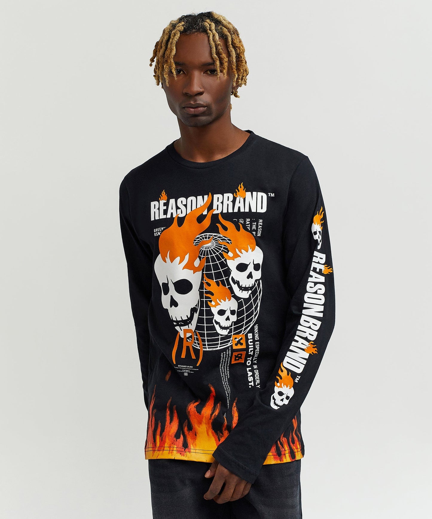 Brad Skull Flame Placement Print Long Sleeve Tee