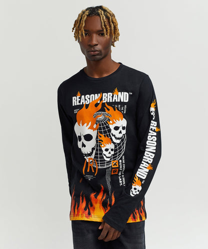 Brad Skull Flame Placement Print Long Sleeve Tee