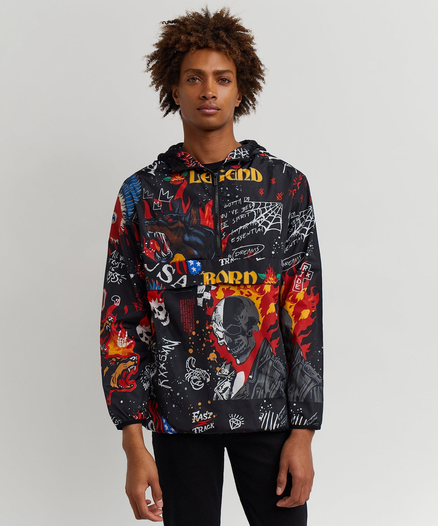 Move In Silence Flame Skull Print Half-Zip Anorak